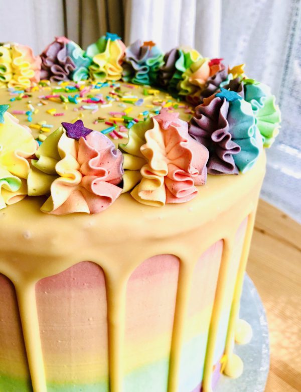 Close up of rainbow colourful pinata birthday cake