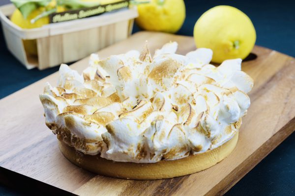 Freshly baked gourmet lemon meringue pie with Italian toasted meringue topping