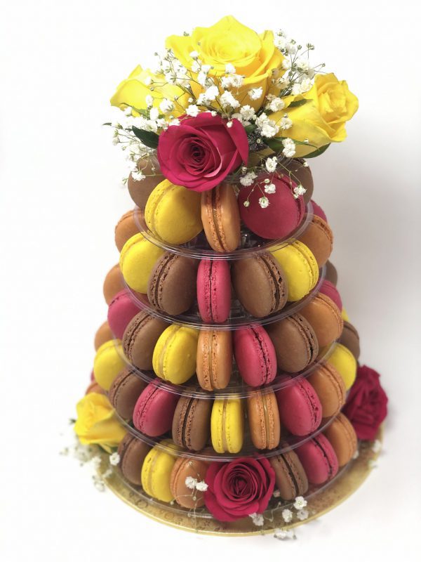 Celebration French macarons 5-tier tower topped with fresh roses