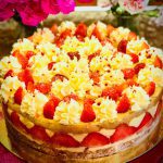 Freshly baked fraisier gateau with fresh cream and strawberries