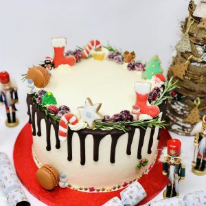 Beautiful Christmas dessert, festive cake with decorations