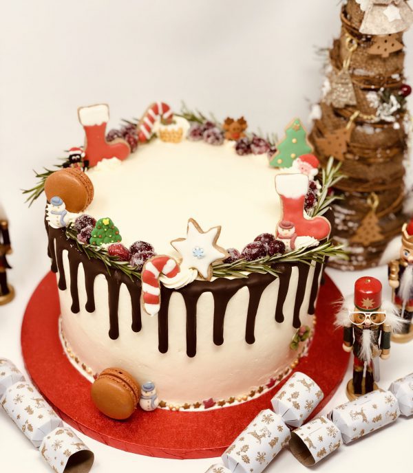 Festive gourmet chocolate ganache drip cake